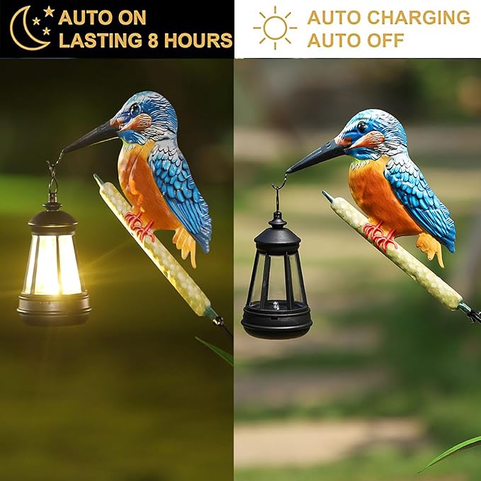 Solar Kingfisher Statue for Outdoor Garden Decor, 6.1 Inch Outside Metal Bird Craft Ornaments with Solar Lantern for Garden, Patio, Yard, Lawn -Birthday Gifts for Women Mom Grandma