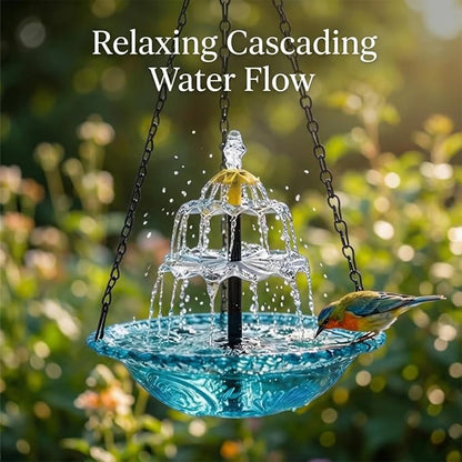 Hanging Solar Bird Bath Fountain, Solar Powered Cascading Outdoor Water Fountain, Hanging Bird Bath with Water for Outdoors Garden Patio Backyard Lawn Decor (Blue)