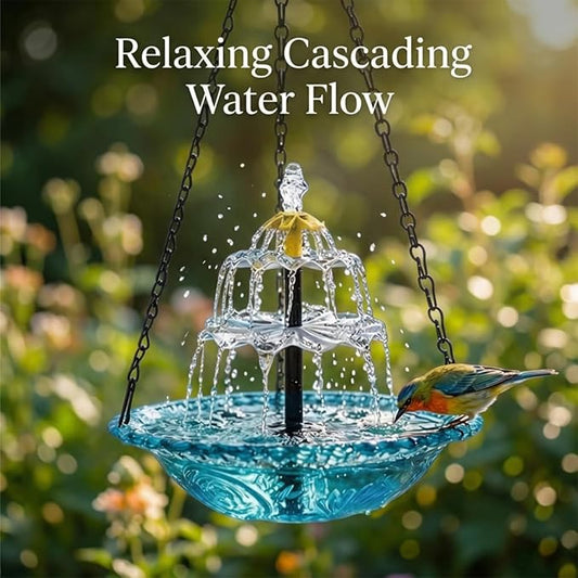 Hanging Solar Bird Bath Fountain, Solar Powered Cascading Outdoor Water Fountain, Hanging Bird Bath with Water for Outdoors Garden Patio Backyard Lawn Decor (Blue)