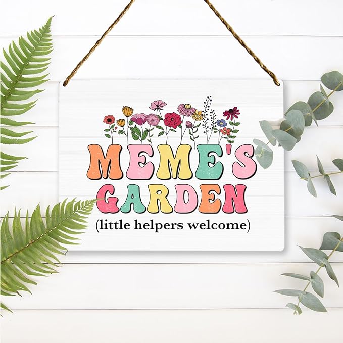Meme's Garden Wooden Sign Decor, Indoor Decoration Hanging Signs 8x10 Inches, Outdoor Garden Decor Yard Wall Hanging Decor Sign, Mothers Day Gifts Birthday Gifts for Mom Grandma
