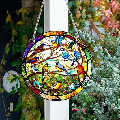 7.9'' Acrylic Window Hanging Decor,Stained Panel Hangings Decorative Acrylic Wall Decor Colorful Ornament Window Hangings for Outdoor Indoor Decor(Birds Concert)