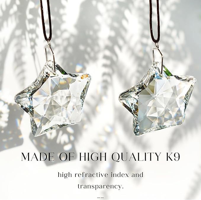 H&D HYALINE & DORA 2 Pcs 2" Crystal Sun Catcher Prisms for Windows Star Chandelier Crystals Clear Hanging Crystals for Patio,Chandelier,Garden Decoration