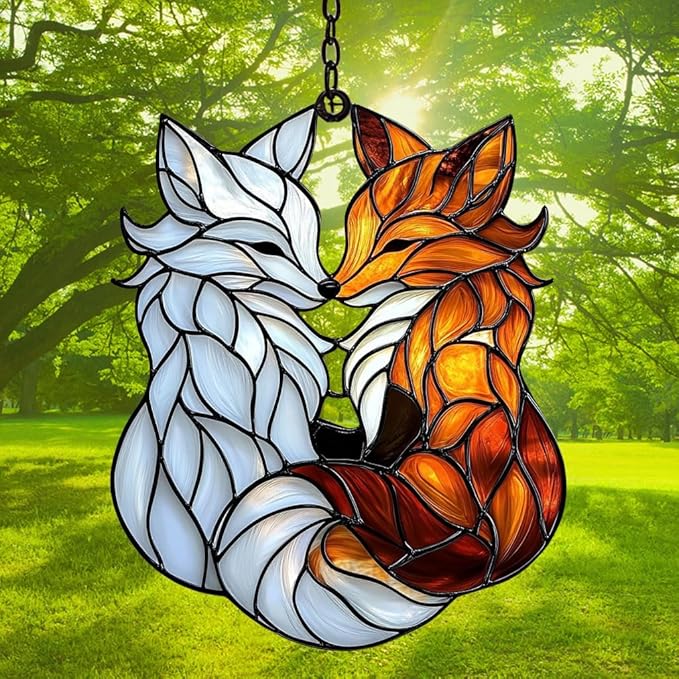 Cute Loving Couple Foxes Acrylic Suncatcher Stained Glass Effect Window Car Hanging Christmas Ornament Indoor Outdoor Decor Garden Sun Catcher Panel for Fox Lover for Women Mom Grandma