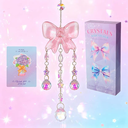 Crystal Suncatchers for Window Pink Bow Ornaments Hanging Clear Wind Chime with Chains for Garden Wedding Girls Mom Room Decor Xmas DIY Gift
