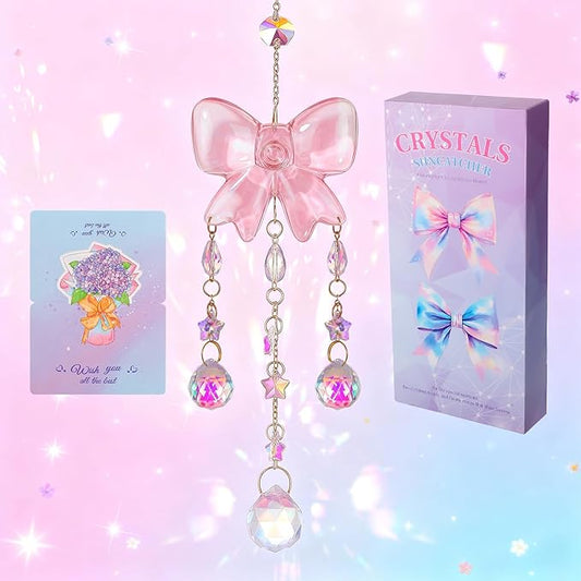 Crystal Suncatchers for Window Pink Bow Ornaments Hanging Clear Wind Chime with Chains for Garden Wedding Girls Mom Room Decor Xmas DIY Gift