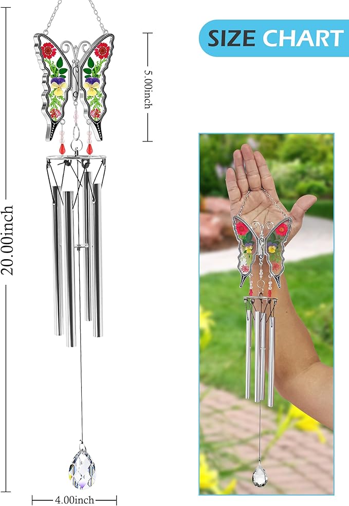 KY&BOSAM Gifts for Mom Butterfly Wind Chime for Outside with Crystal Sympathy Wind Spinner Memory Memorial Wind Chime for Loss of Loved One Mother Condolence Gift Home Outdoor Garden Patio Decor