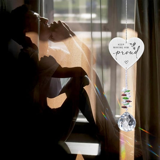 Keep Making Him Proud,Crystal Suncatcher Bereavement Keepsake,Memorial Gift for Loss of Dad,Grandpa,Uncle,Hanging Crystals Ornament for Window Rainbow Maker Prisms Home Decor Gift