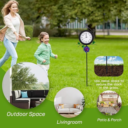 Outdoor Clock with Garden Stake, Flower Birdhouse Outdoor Wall Clock Waterproof, Silent No-Ticking Outdoor Clocks for Garden, Patio, Yard, Fence