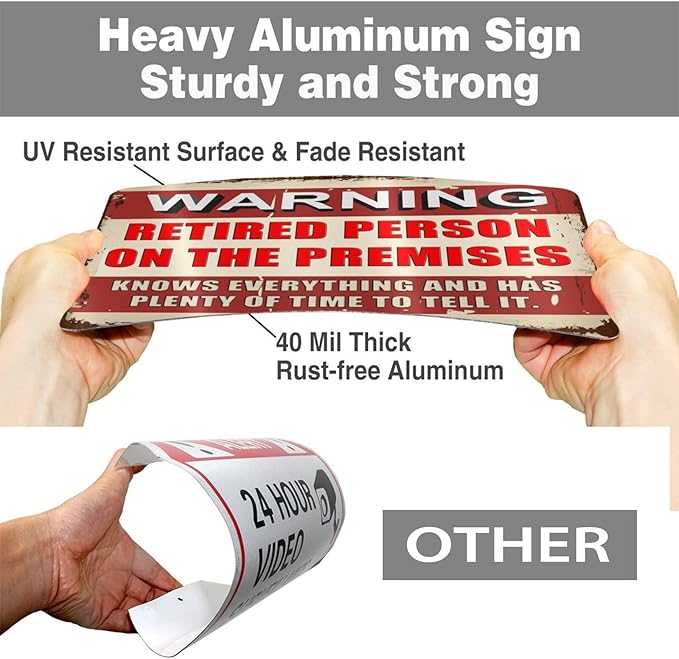 Retirement Gifts for Men/Women Metal Patio Signs Retirement Party Decorations - Warning Retired Person On Premises Knows Everything Sign - Funny Vintage Yard Door Decor 8 X 12 Inch