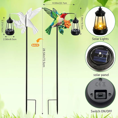 2 Pack Solar Garden Statue Figurine with Solar Lanterns Outdoor Waterproof, Green Hummingbird Hanging Solar Light, Solar Path Light Yard Art, Outside Patio Garden Decor Best Gift for Mom Grandma Women