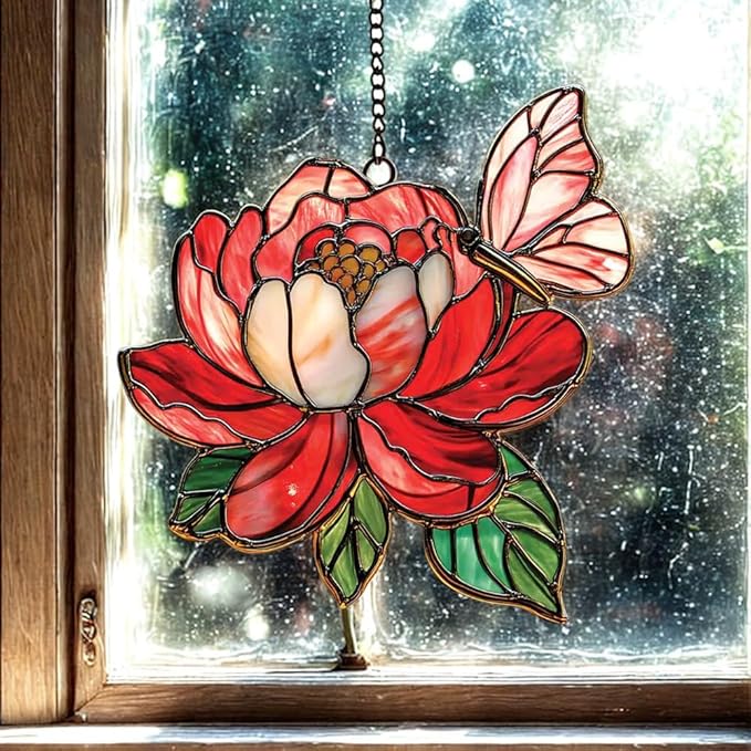 Butterfly and Peony Flower Acrylic Suncatcher, Flower Suncatchers for Window Hangings, Stained Glass Effect Garden Decor, Gift for Mother's Day, Mom, Grandma, Wife, Women