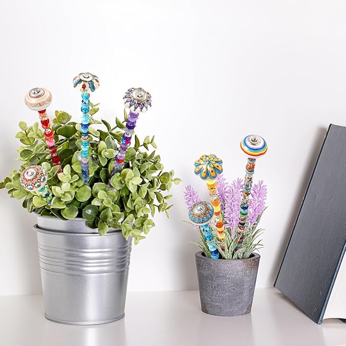 Silipull 255 Pcs 14 Inch Garden Stakes Decorative Ceramic Mushroom and Pumpkin Round Beaded Garden Stakes Decor Fairy Sticks for Indoor Outdoor Yard Lawn Pathway Patio Decoration