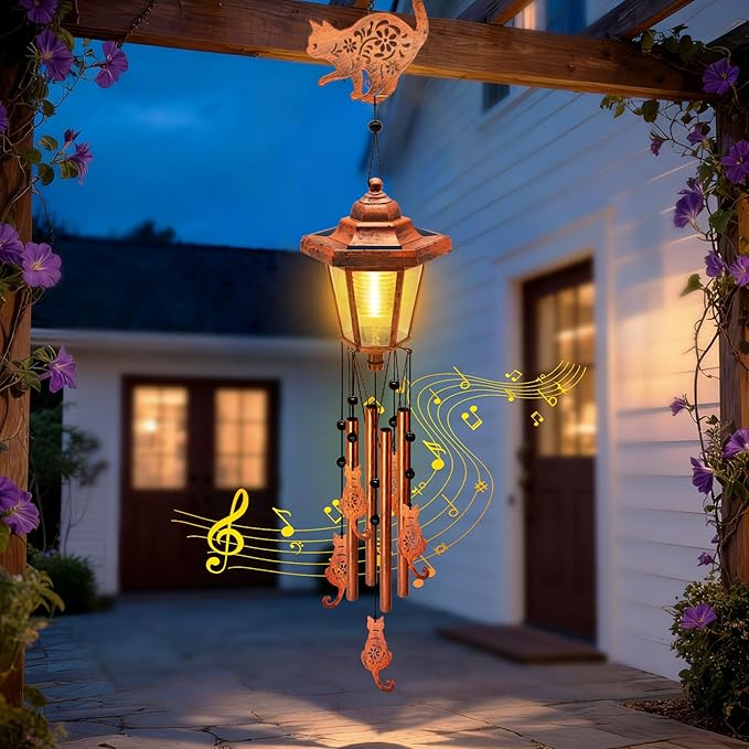 Large Solar Cat Wind Chimes with Wind Catcher/Solar Decor Light to Create a Zen Atmosphere Decor for Outdoor Garden Patio Balcony, Classic Bronze Wind Chimes, Gifts for Mom Grandma Women Wife Daughter