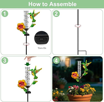 Rain Gauge Outdoor - Hummingbird Decorative Rain Gauges with LED Solar Lights, Freeze Proof Height Adjustable, Metal Water Gauge for for Yard Garden Decor