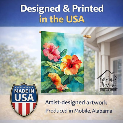 Caroline's Treasures Hawaii Hawaiian Hibiscus in Watercolor House Flag Large Porch Sleeve Pole Decorative Outside Yard Banner Artwork Wall Hanging, Polyester, House Size, Multicolor