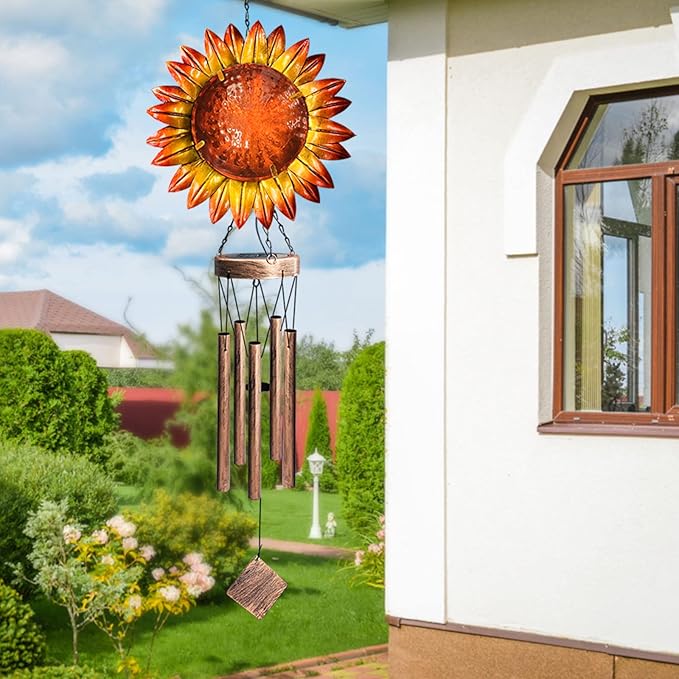 Solar Wind Chimes for Outside, 39.4" Sunflower Wind Chimes Outdoor Solar Lights Waterproof Hanging Garden Decorative Sunflower Lights for Yard Patio Memorial Gift