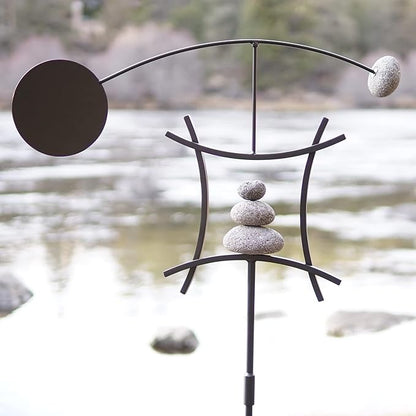 Aura Life Zen Garden Spinner Kinetic Wind Sculpture with Rock Cairn & Stake - Relaxing Outdoor Spinners for Yard and Garden - Handmade Outdoor Wind Art Vane Sculptures (Black Stainless)