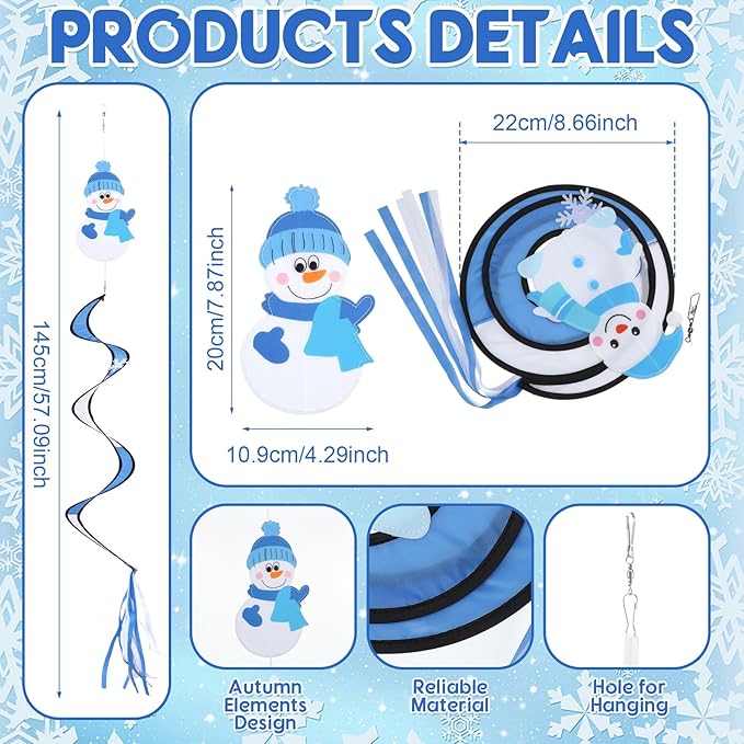 Beeveer 4 Pcs 51'' Snowman Wind Socks for Outdoor Winter Wind Spinners Winter Snowflake Spirals Streamers Hanging Nylon Fabric Snowman Windsock for Christmas Holiday Yard Balcony Outdoor Decorations