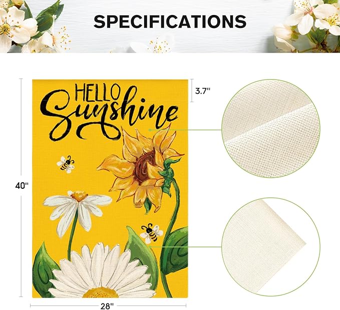 AVOIN colorlife Daisy Sunflower Hello Sunshine House Flag 28x40 Inch Double Sided, Summer Seasonal Holiday Burlap Yard Outdoor Decoration Yellow