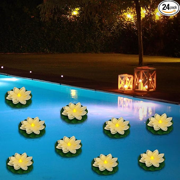LACGO 24 PCS Waterproof Floating Lotus Lights - 5 Inch Floating Pool Flowers Battery Operated Water Activated Warm White Pool Flower Lights Wedding Anniversary Garden Decoration