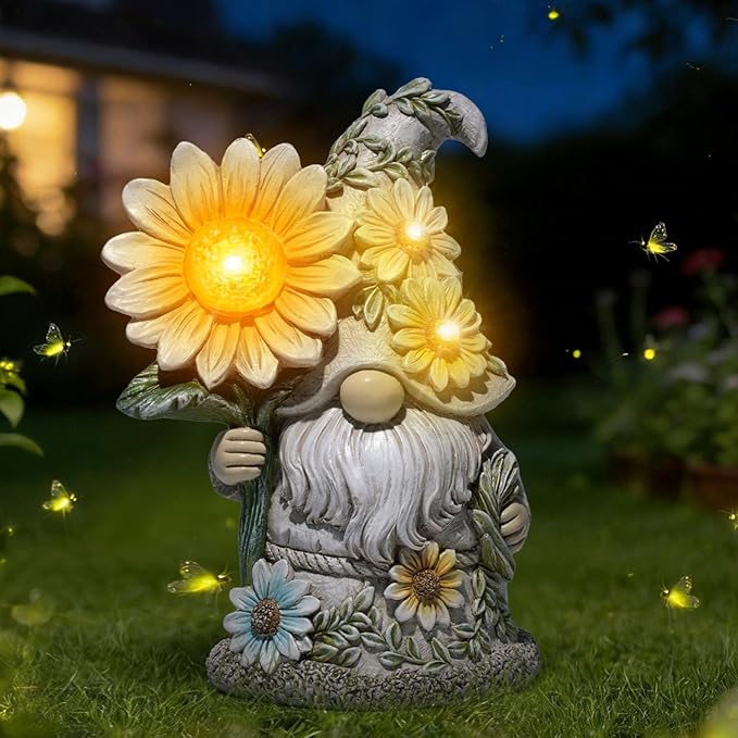 basen Solar Garden Gnome Statue with Glowing Daisy Flower, Outdoor Solar Gnome Figurine Decor for Yard Lawn Patio, Resin Garden Gnome Decoration with LED Light for Garden Landscape Ornament