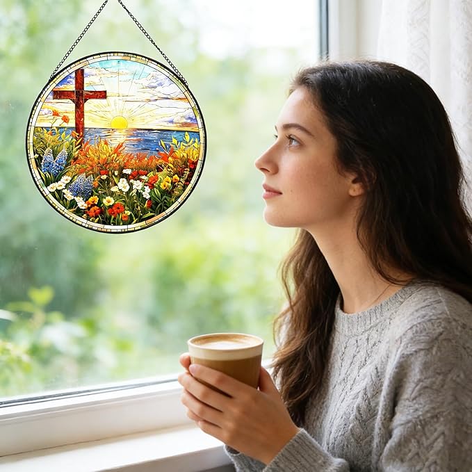 Cardinal Gifts,Cardinal Suncatcher,Christ Cross Ornament, Flower Stained Glass Window Hanging Sun Catcher Window Decor Christian Gifts Religious Decor Religious Gifts Gift for Christmas 7.87"