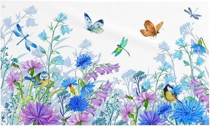 Blue Flower Butterfly Dragonfly Bird Flag 3x5 Ft Outdoor Indoor With Grommet Spring Summer Garden Yard Banner Decorative Sign