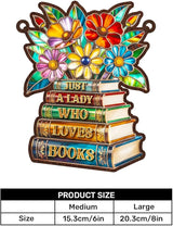 Jesuspirit - Window Hanging Suncatcher – Crystal Clear Acrylic & Wood Sun Catcher for Home Decor, for Women (Just A Lady Who Loves Books, 8 Inches)