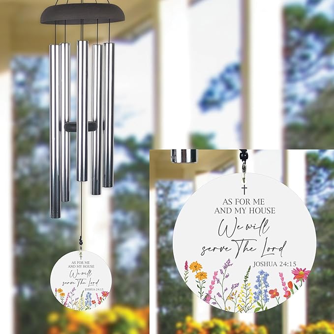 Religious Wind Chime, As for Me and My House, We Will Serve the Lord Joshua 24:15 Scripture with Floral Design, Outdoor Hanging Chime for Garden, Porch, or Patio