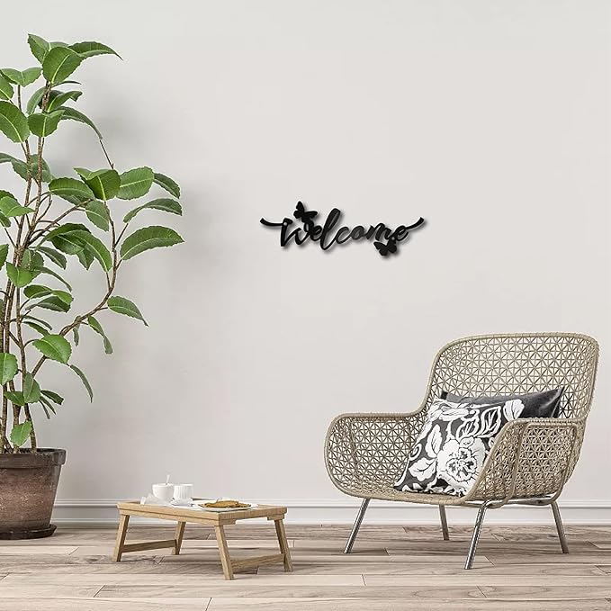 CREATCABIN Welcome Flower Metal Sign Wall Art Decor Rustic Letter Signs Black Hanging Word Decoration for Front Door Home Entry Indoor Outdoor Living Room Aesthetic Bedroom 3.9 x 11.8 Inch