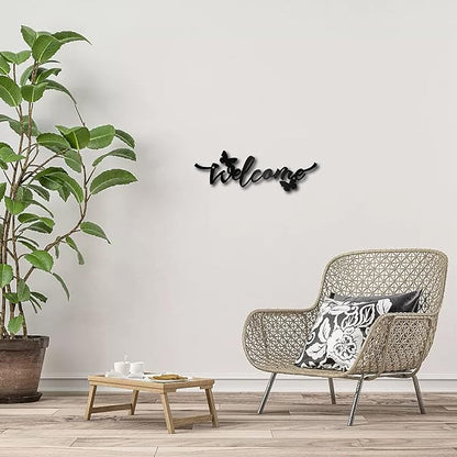 CREATCABIN Welcome Flower Metal Sign Wall Art Decor Rustic Letter Signs Black Hanging Word Decoration for Front Door Home Entry Indoor Outdoor Living Room Aesthetic Bedroom 3.9 x 11.8 Inch