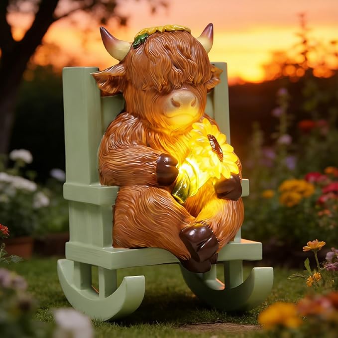 Solar Garden Statues Highland Cow Garden Decor Resin Highland Cow Statue with Light Animal Figurine Outdoor Yard Patio Lawn Decoration Housewarming Gardening Gifts for Women 3.5 * 5 * 6.5 in