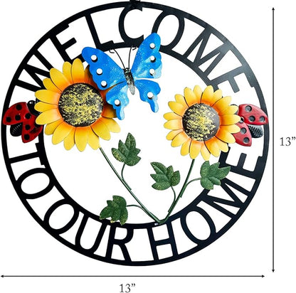 Hanging Sunflower and Butterfly Welcome Wreath, Outdoor Garden Ladybug Decor for Front Door, Porch or Backyard, Metal Construction