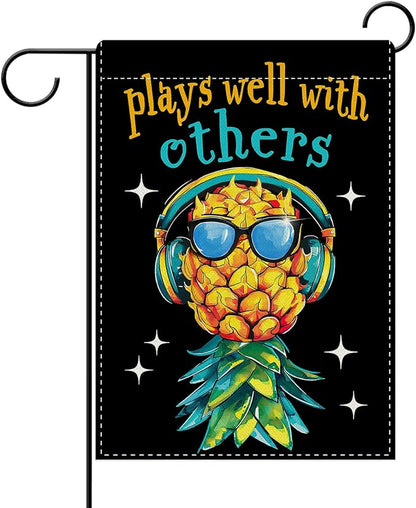 Dyrenson Upside Down Pineapple Decorative Garden Flag, Plays Well With Others Yard Outside Home Decoration, Funny Swinger Party Burlap Outdoor Small Decor Double Sided 12 x 18