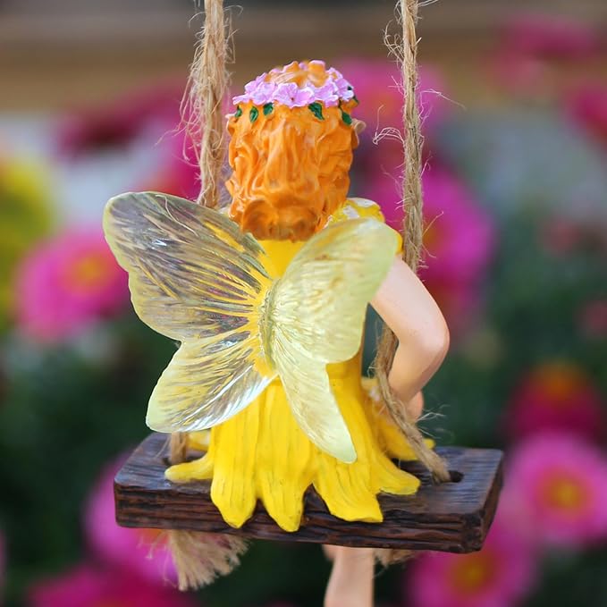 Fairy on a Swing Hanging Statue, Resin Flower Pendant Outdoor Decor Statue, Swing Fairy Ornaments for Yard Lawn Patio Balcony