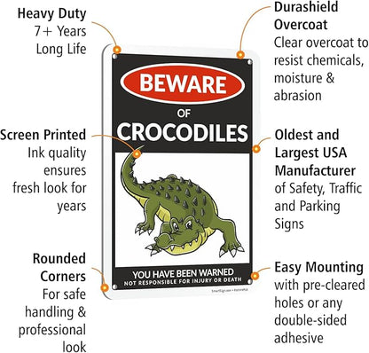 SmartSign Beware Of Crocodiles Warning Sign - 10"x7", 40 mil Laminated Rust-free Aluminum - Metal Signs for Wall Decor, Outdoors, Patio, Gifts, Cafe - Crocodile Theme, Made in USA
