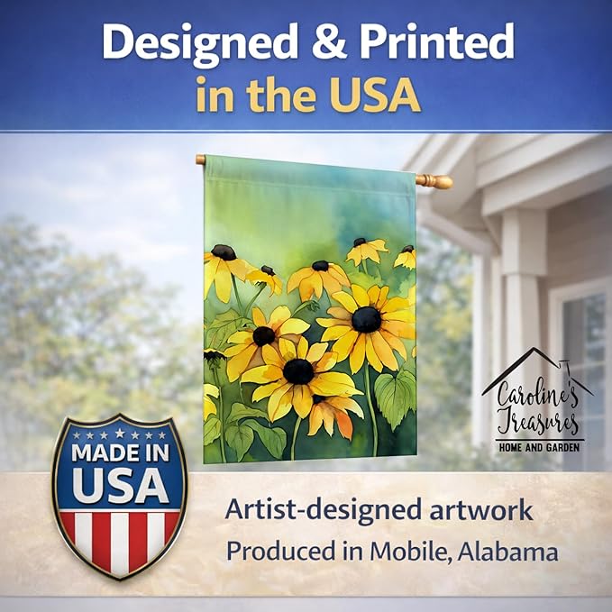 Caroline's Treasures Maryland Black-Eyed Susans in Watercolor House Flag Large Porch Sleeve Pole Decorative Outside Yard Banner Artwork Wall Hanging, Polyester, House Size, Multicolor