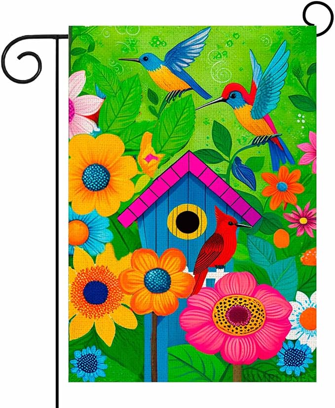 Spring Summer Garden Flags for Outside, Hummingbird Yard Flags with Colorful Birds, Flowers, and Birdhouse Design, 12x18 Inch Double Sided Small Burlap Garden Flags Outdoor Decor
