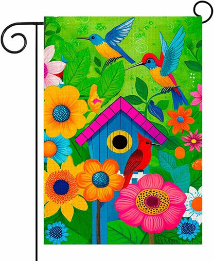 Spring Summer Garden Flags for Outside, Hummingbird Yard Flags with Colorful Birds, Flowers, and Birdhouse Design, 12x18 Inch Double Sided Small Burlap Garden Flags Outdoor Decor