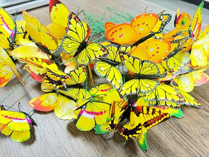 Rikyo 3D Butterfly Garden Stake Decor,10" PVC Butterfly Garden Decor for Outside,Shaking Head Artificial Butterflies for Cake Bouquet Wall Lawn Pathway Plant Pot Flower Bed Yard Decor (50, Yellow)