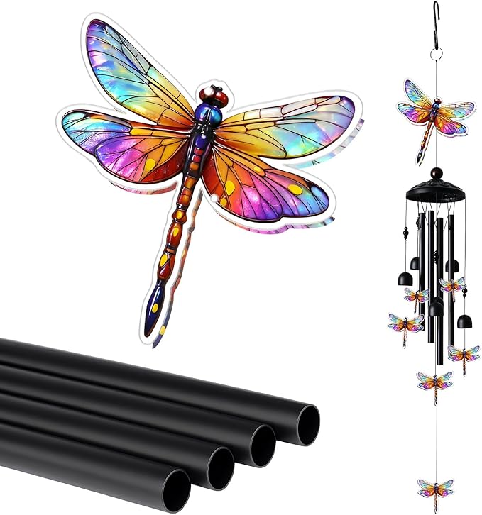 Dragonfly Wind Chimes for Outside, Black Metal Acrylic Windchimes Outdoors, Dragonflies Gifts for Women Men, Garden Yard Decor, Memorial/Birthday Gifts for Grandma Mom, Durable Chimes for Outdoors