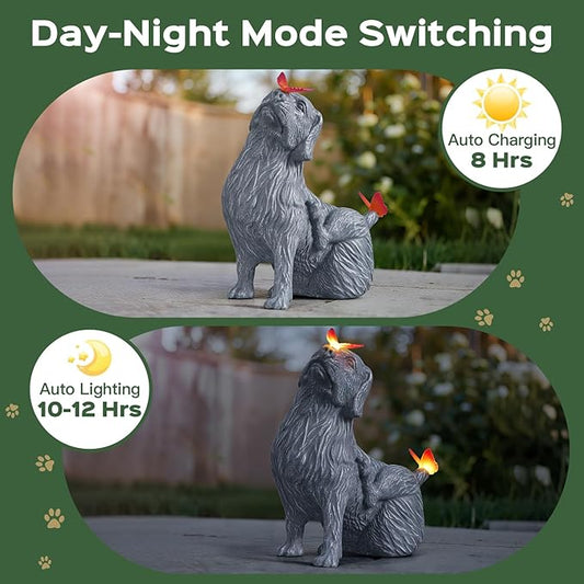DyBaxa Garden Décor, Garden Statues, Gifts for Women, Mom, Grandma, Patio, Balcony, Yard Decorations Outdoor - Unique Solar Decor Birthday & Housewarming Gifts, Dog Statue with Butterfly Light