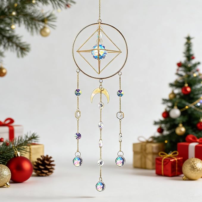 HDCRYSTALGIFTS Crystal Suncatcher, Window Suncatcher Prism Hanging Sun Catcher Rainbow Crystals Indoor Outdoor Decor Glass Christmas Ornaments Gifts,23inch