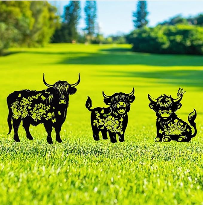 Metal Highland Cattle Decor for Outside,3 Piece Black Highland Cattle Silhouette Statues Garden Decor for Outside,Outdoor Decor,Yard Art,Lawn Ornaments,Gifts(Black Highland Cattle)