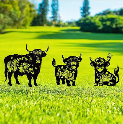 Metal Highland Cattle Decor for Outside,3 Piece Black Highland Cattle Silhouette Statues Garden Decor for Outside,Outdoor Decor,Yard Art,Lawn Ornaments,Gifts(Black Highland Cattle)