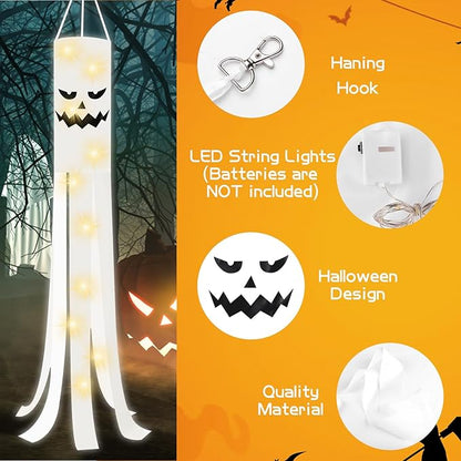 JXTON 2pcs 70inch Halloween Ghost Windsocks Flag with Lights Halloween Outdoor Hanging Decor for Yard Patio Garden Pathway Party Decoration