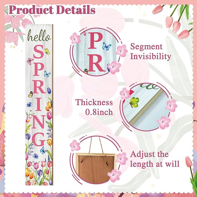 Hello Spring Porch Sign, Flower Butterfly Sign for Front Porch, Pink Tulip Wooden Sign Yard, Vertical Wood Sign Standing for Patio Front Door Porch, Farmhouse Holiday Home Party Entryway Yard Wall Decor Indoor Outdoor, 47x8 inch