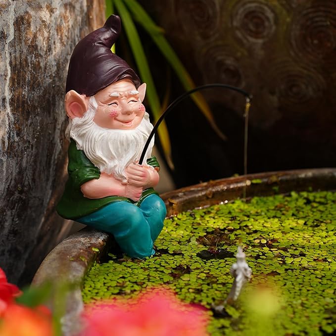 Garden Gnome Fishing Statue, 9.7" Koi Pond Decor with Glow in Dark Pebbles, Great Gift for Mom
