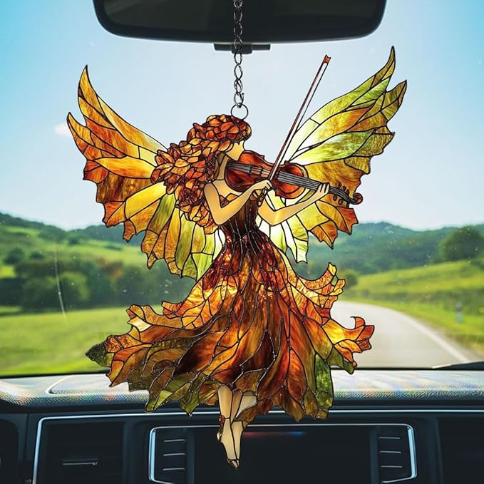 Music Angel Acrylic Suncatcher Stained Glass Effect Window Car Hanging Christmas Ornament Indoor Outdoor Decor Garden Sun Catcher Panel for Angel Lover for Women Mom Grandma