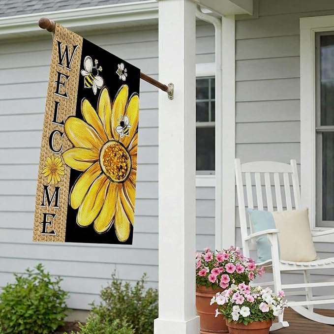 CROWNED BEAUTY Spring Summer House Flag Daisy Bee Double Sided 28x40 Inches Large Burlap Welcome Holiday Seasonal Yard Decoration for Outside Porch